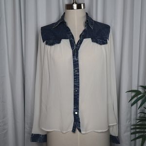Charlotte Russe Chambray Contrast Sheer Button-Up Blouse